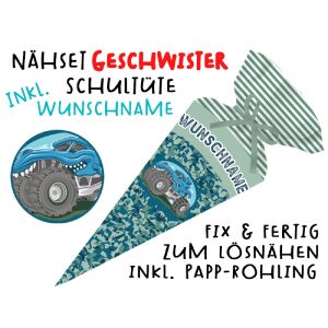 Nähset Geschwister-Schultüte WUNSCHNAME Monstertruck mit...