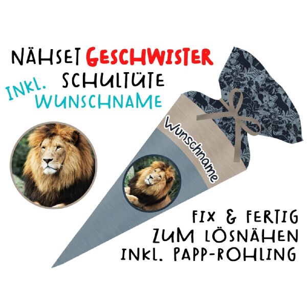 Nähset Geschwister-Schultüte WUNSCHNAME Löwe mit Rohling, mit Wunschname