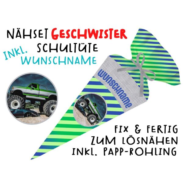 Nähset Geschwister-Schultüte WUNSCHNAME Monstertruck & Streifen mit Rohling, mit Wunschname