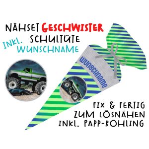 Nähset Geschwister-Schultüte WUNSCHNAME Monstertruck &...