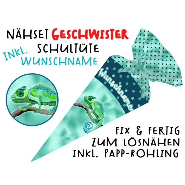 Nähset Geschwister-Schultüte WUNSCHNAME Gecko mit Rohling, mit Wunschname