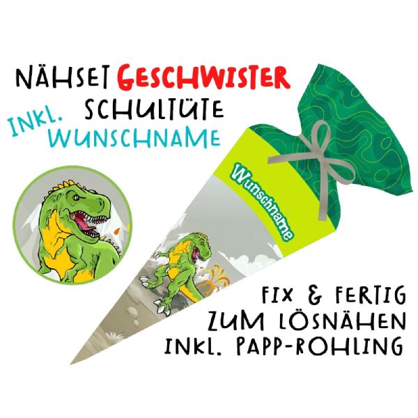Nähset Geschwister-Schultüte WUNSCHNAME Dino & Vulkan mit Rohling, mit Wunschname
