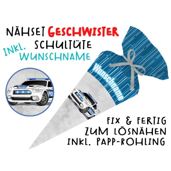 Nähset Geschwister-Schultüte WUNSCHNAME Polizei Sportwagen mit Rohling, mit Wunschname
