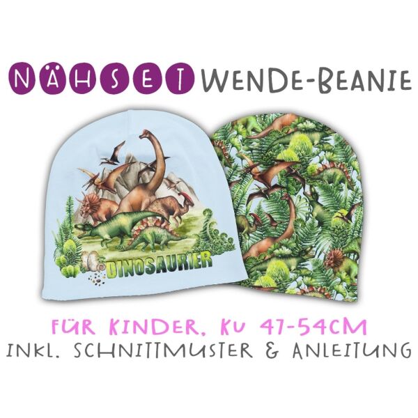 .Nähset Wende-Beanie, KU 47-54cm, Dino Jungle, Bio-Jersey