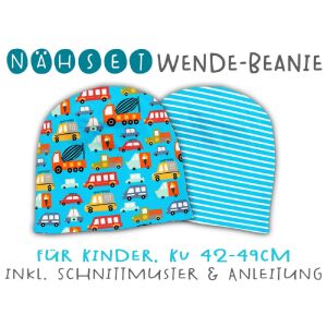 Nähset Wende-Beanie, KU 42-49cm, City Cars, Blau,...