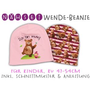Nähset Wende-Beanie, KU 47-54cm, Mutmach Bären, Ich bin mutig! rosa Bio-Jersey