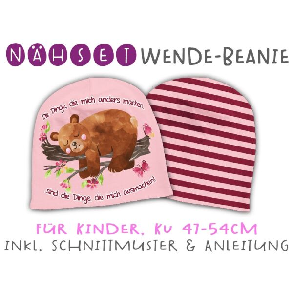 Nähset Wende-Beanie, KU 47-54cm, Mutmach Bären, Die Dinge...! rosa Bio-Jersey