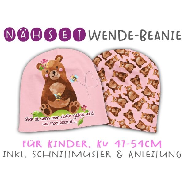 Nähset Wende-Beanie, KU 47-54cm, Mutmach Bären, Glück ist...! rosa Bio-Jersey