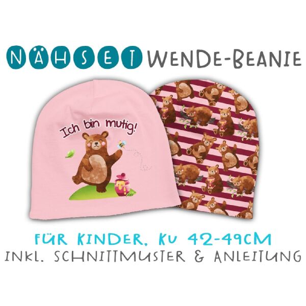 Nähset Wende-Beanie, KU 42-49cm, Mutmach Bären, Ich bin mutig! rosa, Bio-Jersey