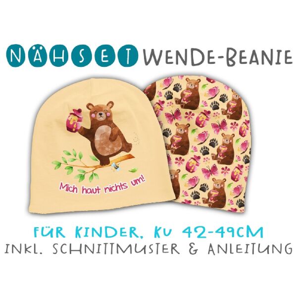 Nähset Wende-Beanie, KU 42-49cm, Mutmach Bären, Mich haut nicht´s um! rosa, Bio-Jersey