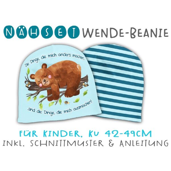 Nähset Wende-Beanie, KU 42-49cm, Mutmach Bären, Die Dinge...! blau, Bio-Jersey