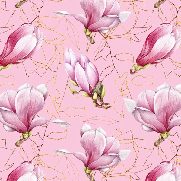 Bio-Jersey, Magnolia Love, Blumen auf rosa mit gold