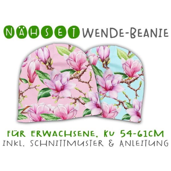 Nähset Erwachsenen Wende-Beanie, KU 54-61cm, Magnolia Love, rosa türkis, Bio-Jersey