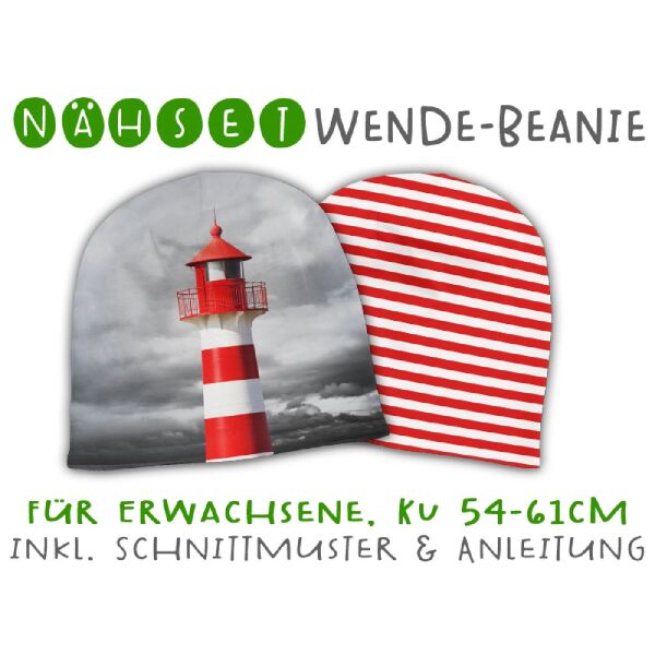 Nähset Erwachsenen Wende-Beanie, KU 54-61cm, Stormy Sea, Leuchtturm, Bio-Jersey