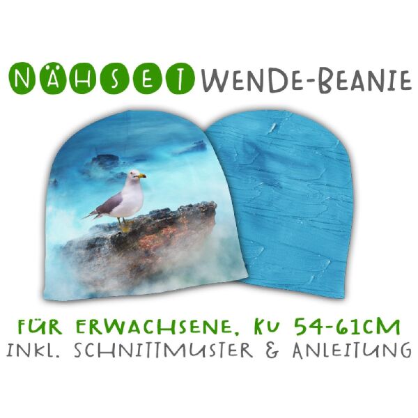 Nähset Erwachsenen Wende-Beanie, KU 54-61cm, Stormy Sea, Möwe, Bio-Jersey