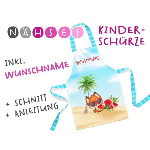 Nähset Kinder-Schürze mit WUNSCHNAME, Summer Fox, inkl. Schnittmuster + Anleitung