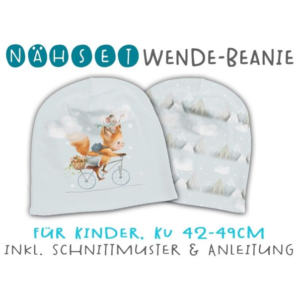 Nähset Wende-Beanie, KU 42-49cm, Auf ins Abenteuer, grau, Bio-Jersey