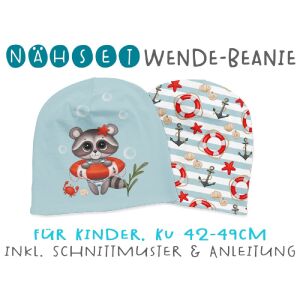 Nähset Wende-Beanie, KU 42-49cm, Sea Friends, Waschbär, Bio-Jersey