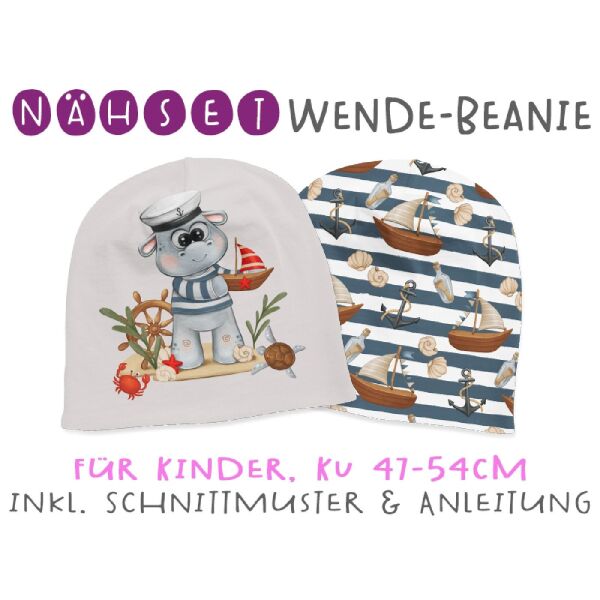 Nähset Wende-Beanie, KU 47-54cm, Sea Friends, Nilpferd, Bio-Jersey