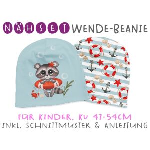 Nähset Wende-Beanie, KU 47-54cm, Sea Friends, Waschbär,...