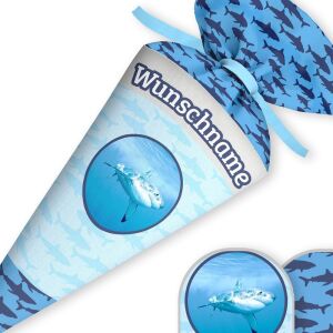 Schultüte Hai (Blau), Nähset mit Rohling (Wunschname)