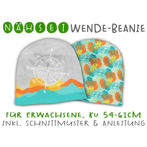 Nähset Erwachsenen Wende-Beanie, KU 54-61cm, Discover The World, Kompass Berg, Bio-Jersey