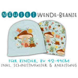 Nähset Wende-Beanie, KU 42-49cm, Im Feenwald, pilz, Bio-Jersey