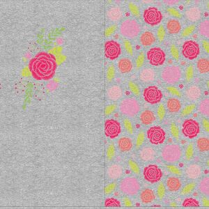 Bio-Sommersweat, XL PANEL + Kombistoff, Embroidery, Rosen, grau melange