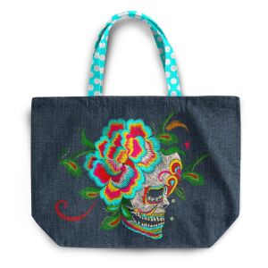 XL Shopper-Bag Tasche, Skull Blumen Jeansoptik (Nähset)