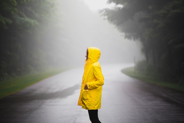 Eine Person mit gelber Regenjacke steht auf einer Straße im Wald