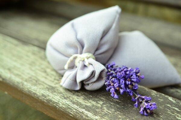 Zwei kleine helle zugebundene Säckchen aus Stoff, daneben ein Zweig Lavendel 